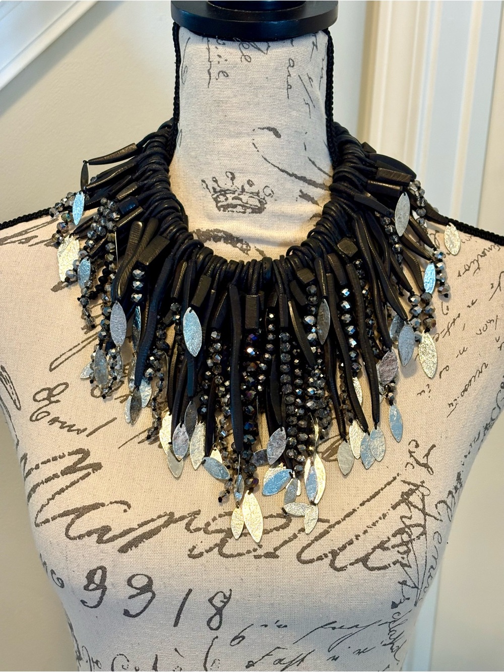 Monies Denmark Leather Wood Crystal Silver Tone Statement Collar Necklace - Picture 1 of 12